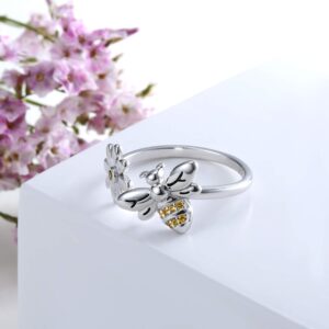 Sterling Silver Honeycomb Daisy Flower Bee Ring S925 Honeybee Flower Cubic Zirconia Bumble Wrap Rings Jewelry Gift for Women Wife Daughter Mom