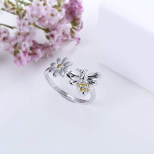 Sterling Silver Honeycomb Daisy Flower Bee Ring S925 Honeybee Flower Cubic Zirconia Bumble Wrap Rings Jewelry Gift for Women Wife Daughter Mom