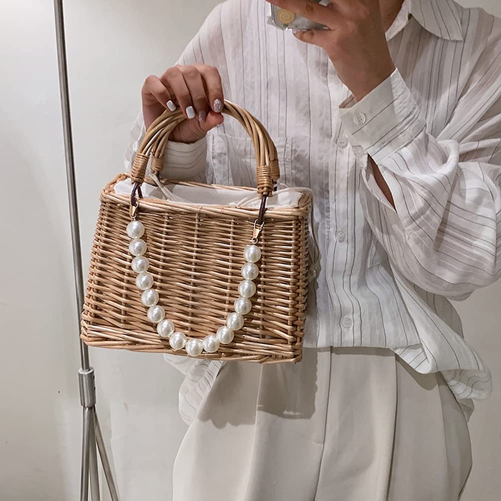 BMTLFG Rattan Woven Tote Bags Natural Chic Summer Beach Tote Pearl Basket Handbag Ladies Beach Women's Classic Woven Handbag