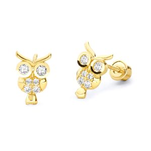 Wellingsale 14K Yellow Gold Polished Owl Stud Earrings With Screw Back