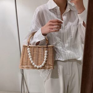 BMTLFG Rattan Woven Tote Bags Natural Chic Summer Beach Tote Pearl Basket Handbag Ladies Beach Women's Classic Woven Handbag