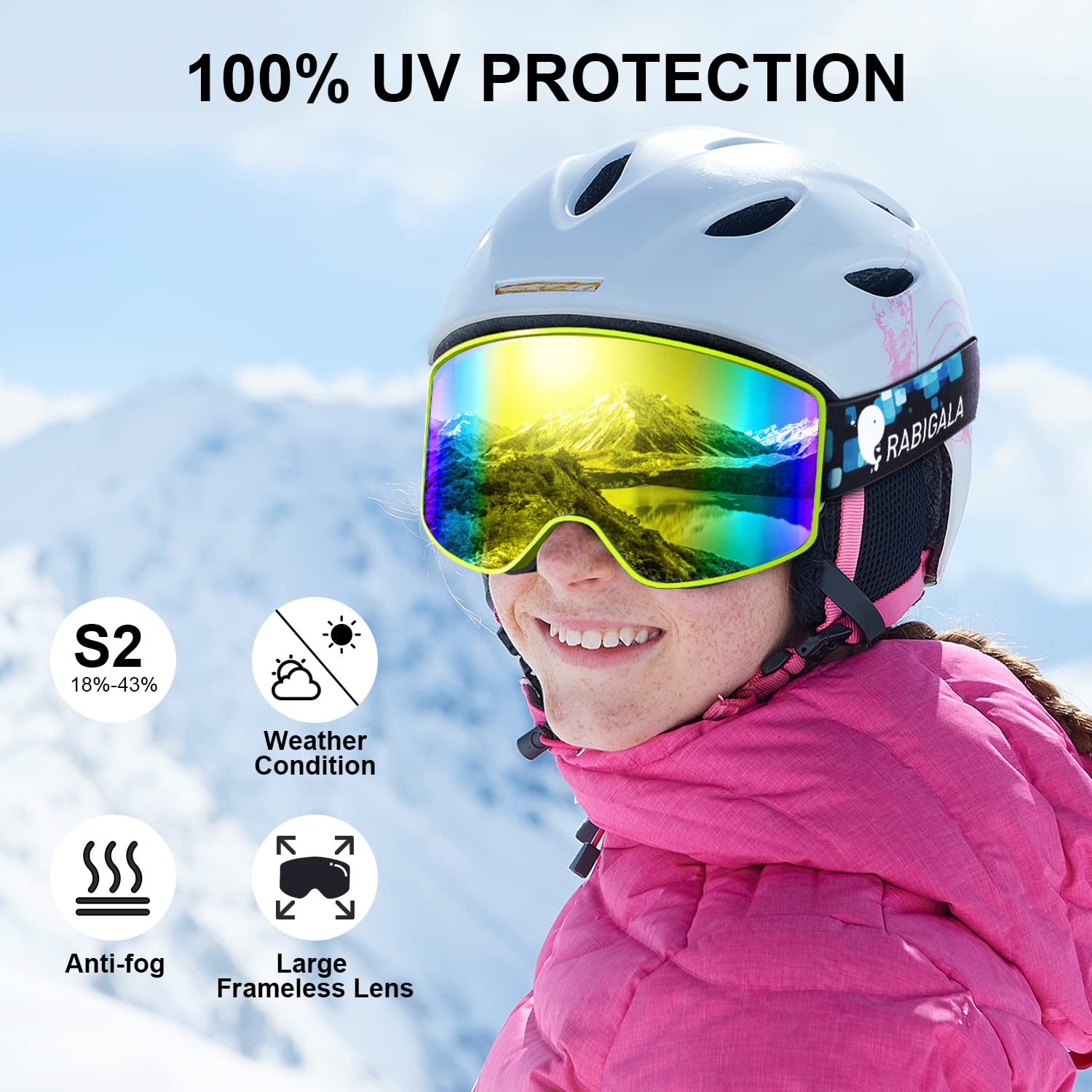 RABIGALA Ski Goggles Snowboard Goggles UV Protection Spherical Anti-fog Frameless Snow Goggles for Men Women Youth Adult (yellow-)