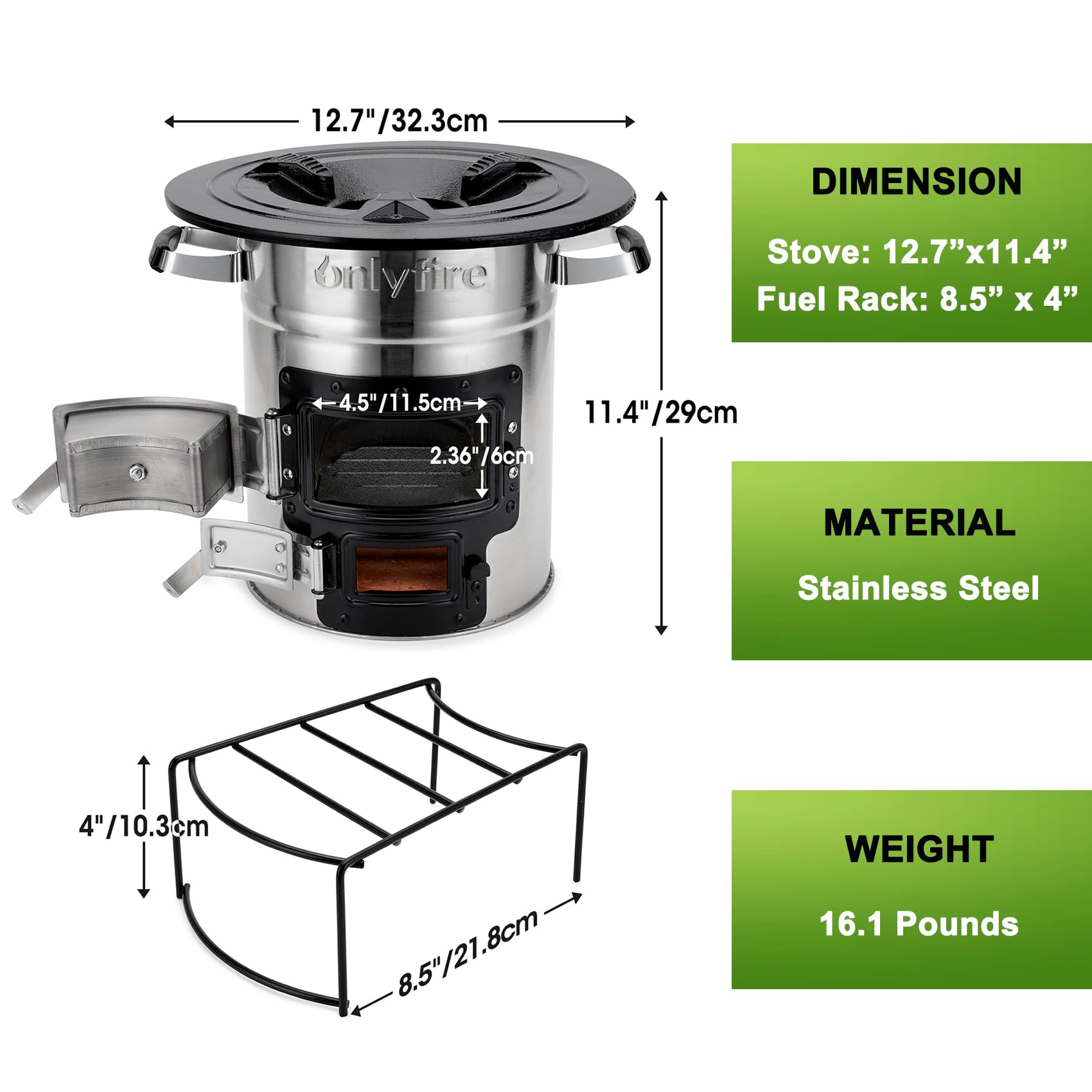 Onlyfire Rocket Stove Outdoor Portable Wood Burning Camp Stove, Large Stainless Steel Camping Stove for Outside Cooking Survival Campfire Patio Backyard Gathering 12.7 x 12.7 x 11.4 Inch