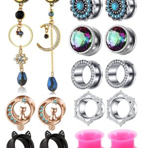 16pcs Crystal Dangle Plugs Ear Tunnels Gauges Pendant Moon Star Stainless Steel Screw Silicone Rhinestone Body Piercings Stretcher Set