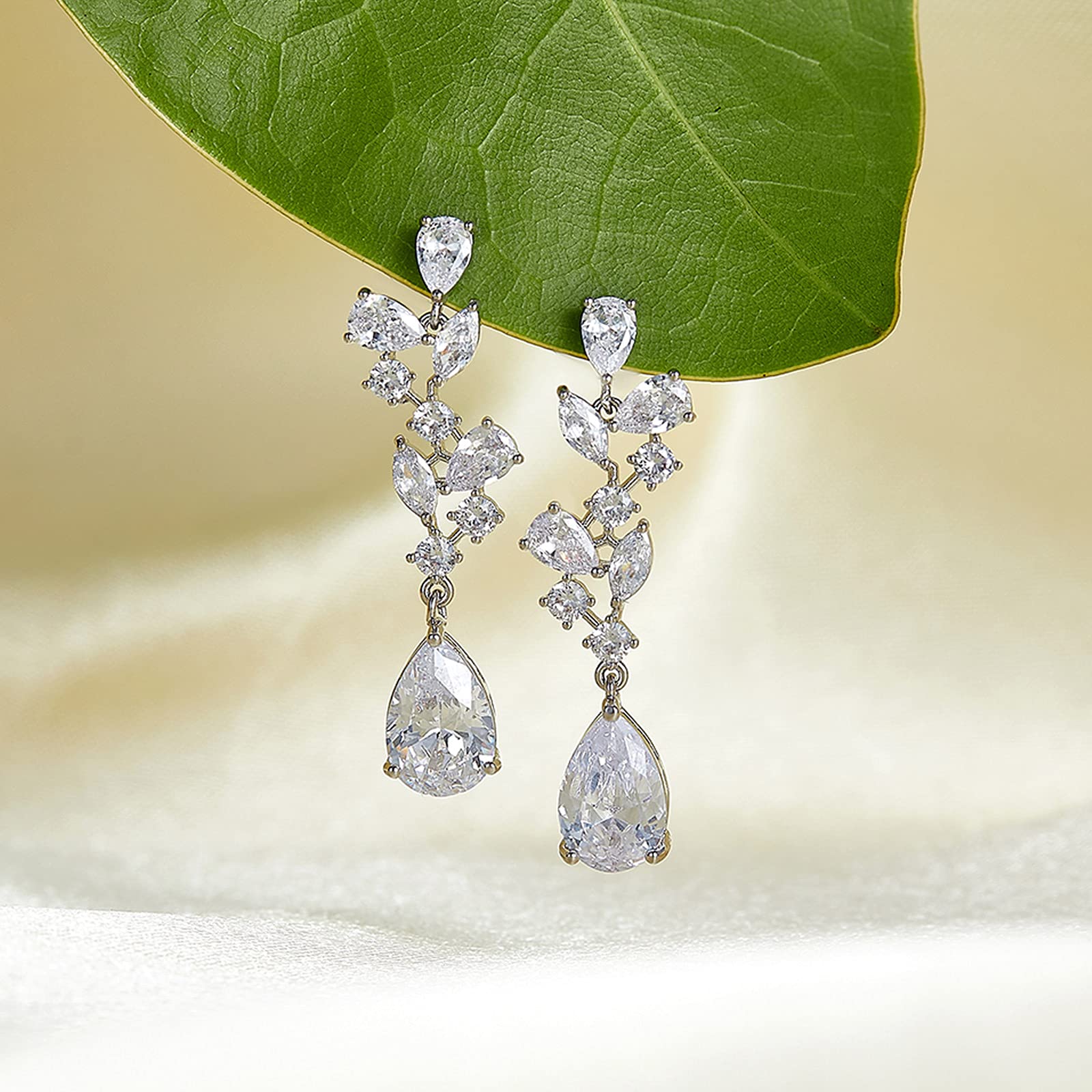 SWEETV Bridal Wedding Earrings for Brides Bridesmaides-Marquise Teardrop Earrings for Women, Cubic Zirconia Drop and Dangle Earrings for Prom or Pageant,Jewelry, Silver