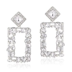 Crystals Rectangle Geometric Dangle Earrings, Rhinestone Statement Drop Earrings for Women KELMALL COLLECTION