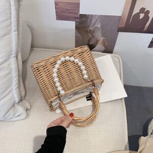 BMTLFG Rattan Woven Tote Bags Natural Chic Summer Beach Tote Pearl Basket Handbag Ladies Beach Women's Classic Woven Handbag