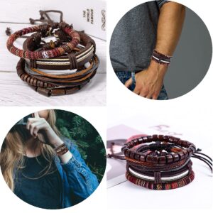 SONNYX 24 PCS Braided Leather Bracelet for Men Women Cool Woven Wrist Cuff Bracelets Hemp Cords Wooden Beads Ethnic Tribal Handmade Wrap Adjustable Wristband Bracelets