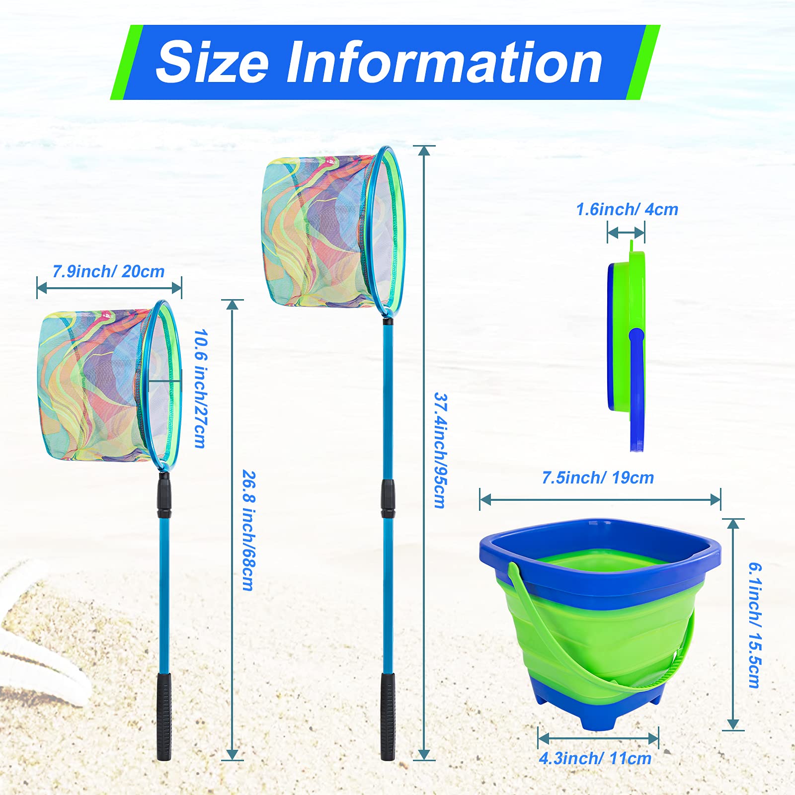 Kids Fishing Net, Telescopic Landing Net with Aluminum Pole Handle, Collapsible Bucket Kids Sand Pail, Butterfly Nets for Kids Fishing Net for Kids, Outdoor Play (Blue)