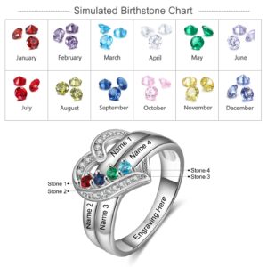 Personalized Mom Daughter Rings Custom Heart Ring with 1-8 Simulated Birthstones Promise Ring Engraved 1-8 Family Name Ring Jewelry Gift for Mother's Day(4 stone)