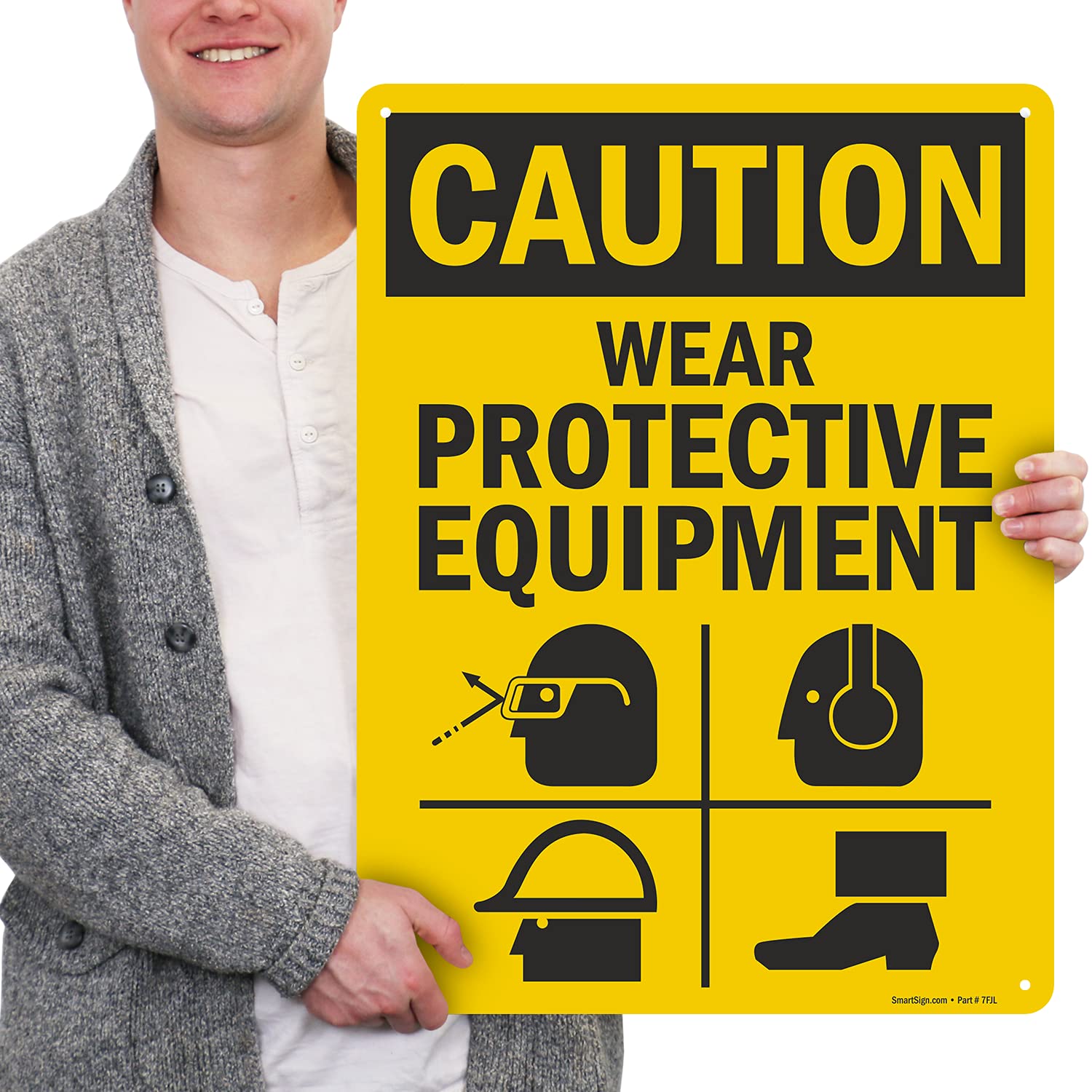 SmartSign 24 x 18 inch “Caution - Wear Protective Equipment” OSHA Metal Sign, 80 mil Laminated Rustproof Aluminum, Black and Yellow