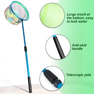 Kids Fishing Net, Telescopic Landing Net with Aluminum Pole Handle, Collapsible Bucket Kids Sand Pail, Butterfly Nets for Kids Fishing Net for Kids, Outdoor Play (Blue)