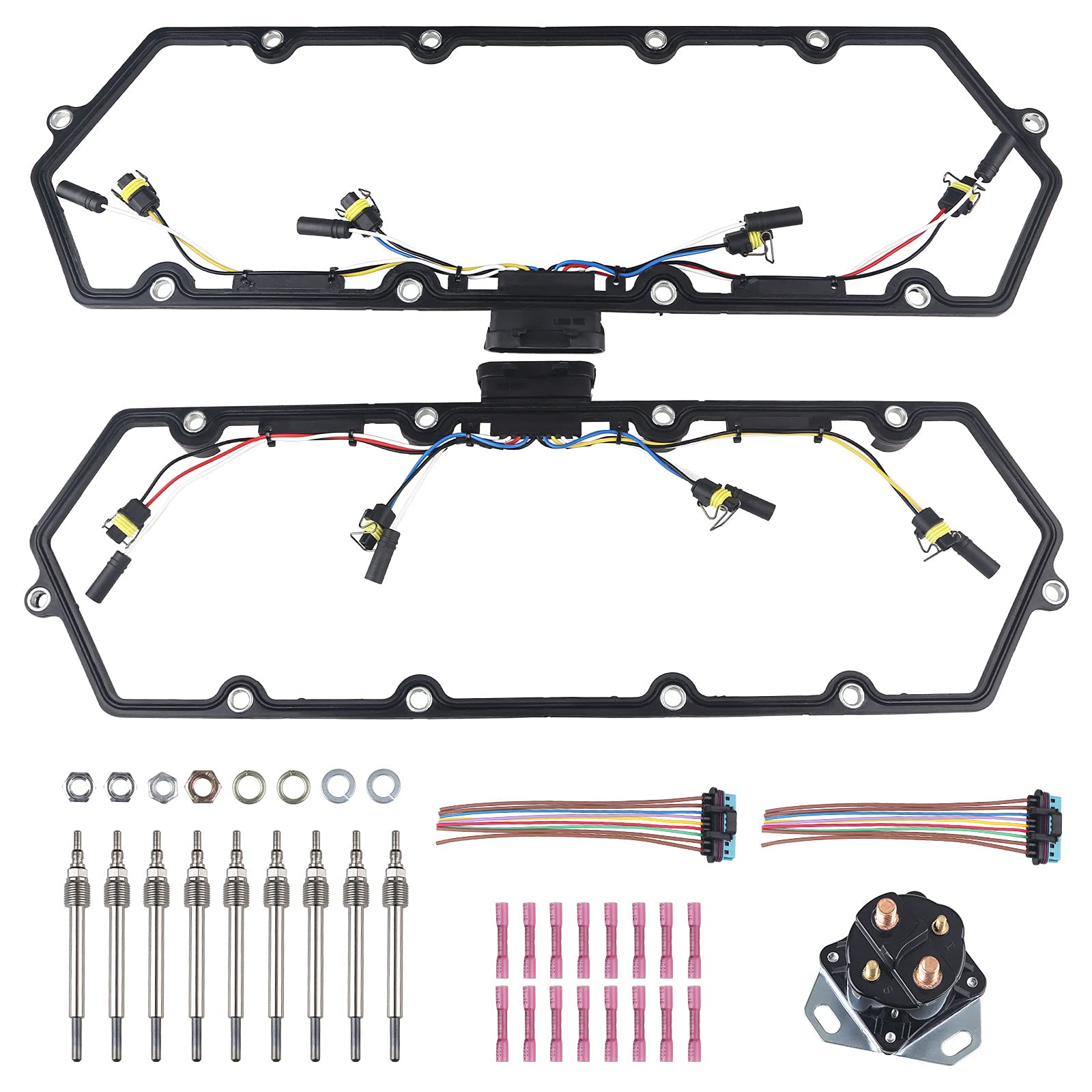 WMPHE Compatible with 2 Valve Cover Gaskets + Inner Injector Glow Plug Harness with Relay + 8 Glow Plugs Ford F250 F350 E250 E350 Diesel Powerstroke 7.3L 1999 2000 2001 2002 2003, OEM F81Z-6584-AA