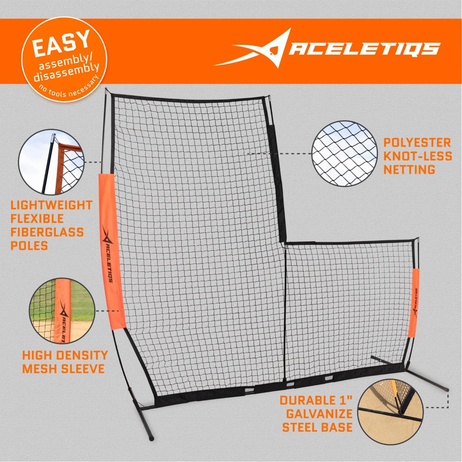 Aceletiqs Flexible L Screen Baseball Pitching Net 7x7ft Pitching Screen Protector with Metal Base, Fiberglass Poles, and Polyester Netting [Carry Bag Included]