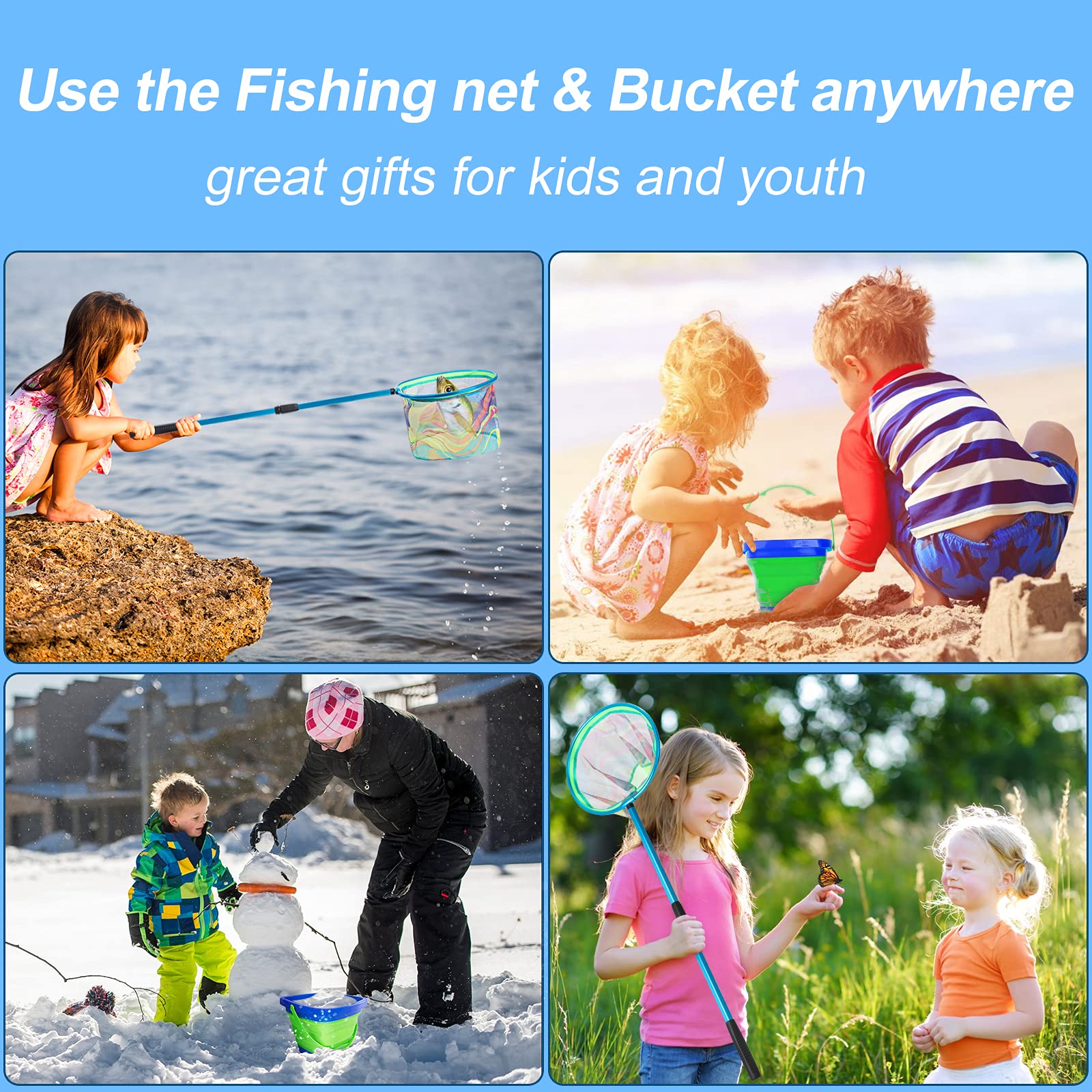 Kids Fishing Net, Telescopic Landing Net with Aluminum Pole Handle, Collapsible Bucket Kids Sand Pail, Butterfly Nets for Kids Fishing Net for Kids, Outdoor Play (Blue)