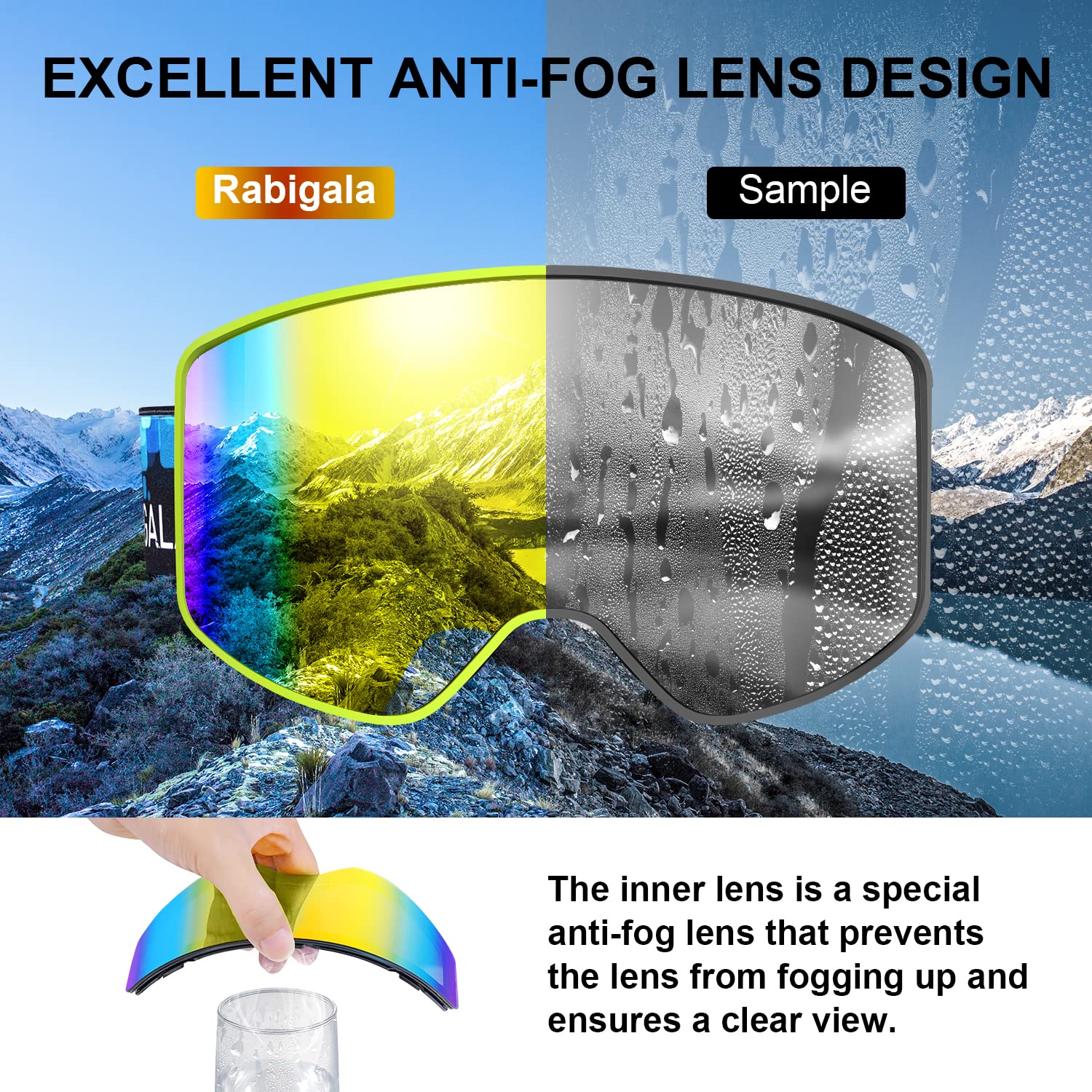 RABIGALA Ski Goggles Snowboard Goggles UV Protection Spherical Anti-fog Frameless Snow Goggles for Men Women Youth Adult (yellow-)