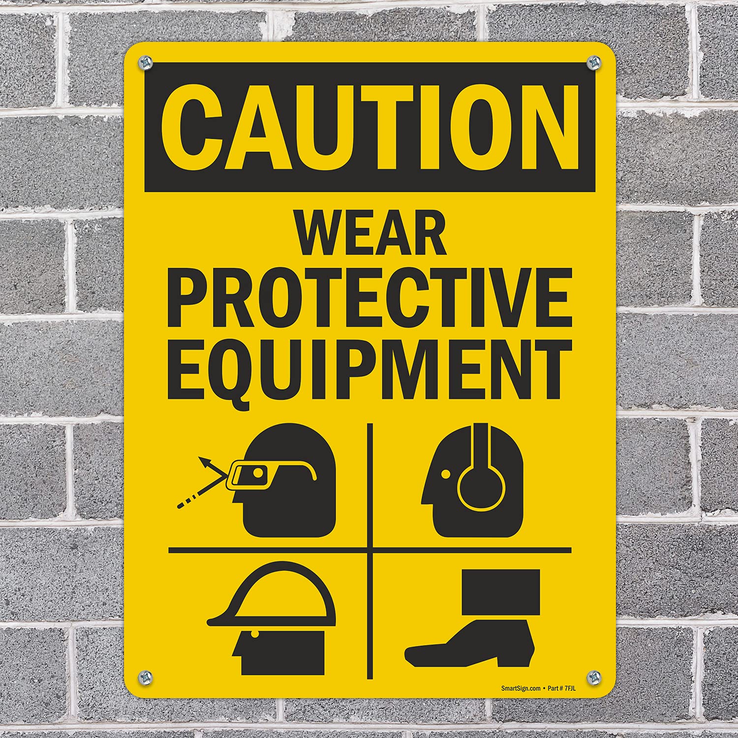 SmartSign 24 x 18 inch “Caution - Wear Protective Equipment” OSHA Metal Sign, 80 mil Laminated Rustproof Aluminum, Black and Yellow