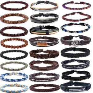 sonnyx 24 pcs braided leather bracelet for men women cool woven wrist cuff bracelets hemp cords wooden beads ethnic tribal handmade wrap adjustable wristband bracelets