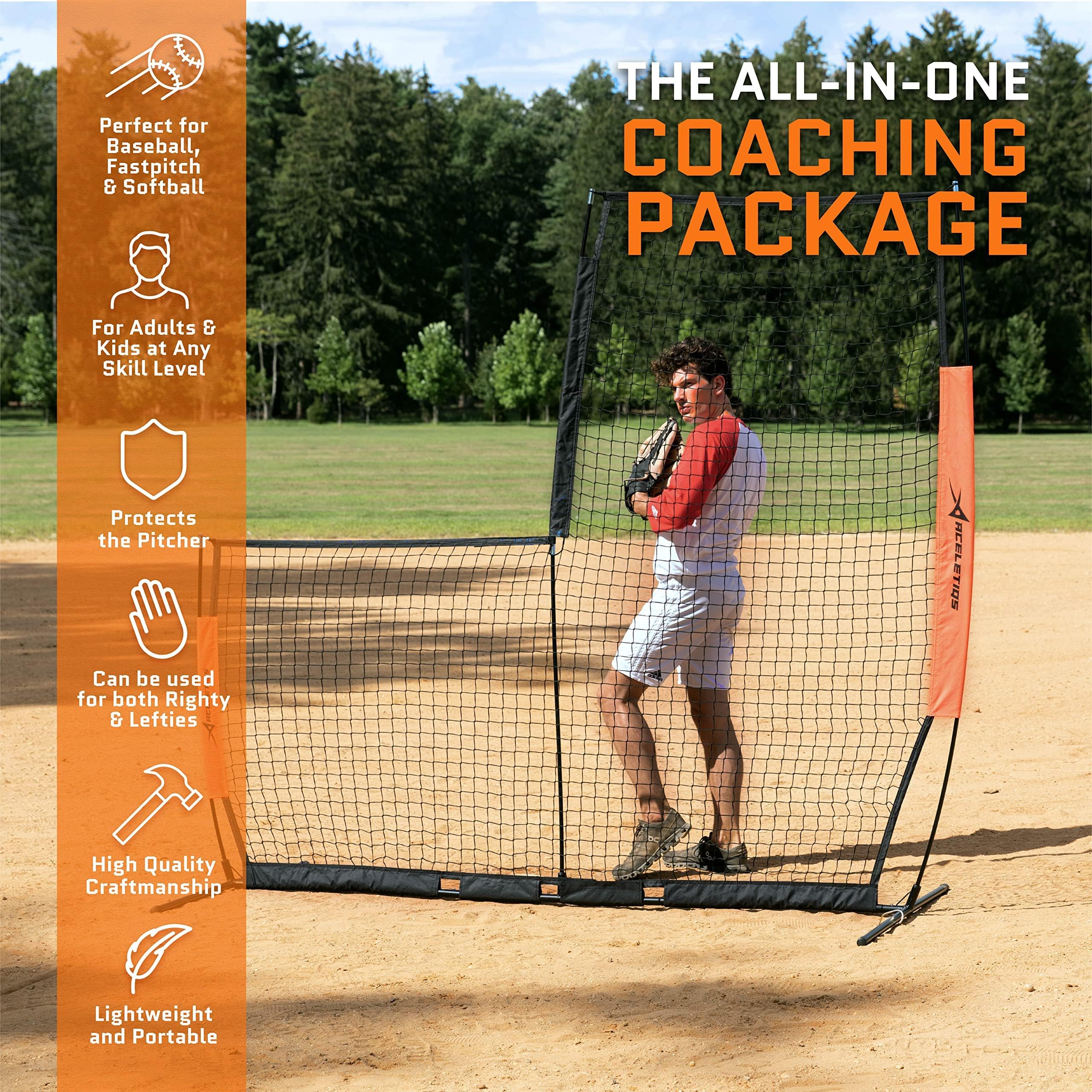 Aceletiqs Flexible L Screen Baseball Pitching Net 7x7ft Pitching Screen Protector with Metal Base, Fiberglass Poles, and Polyester Netting [Carry Bag Included]