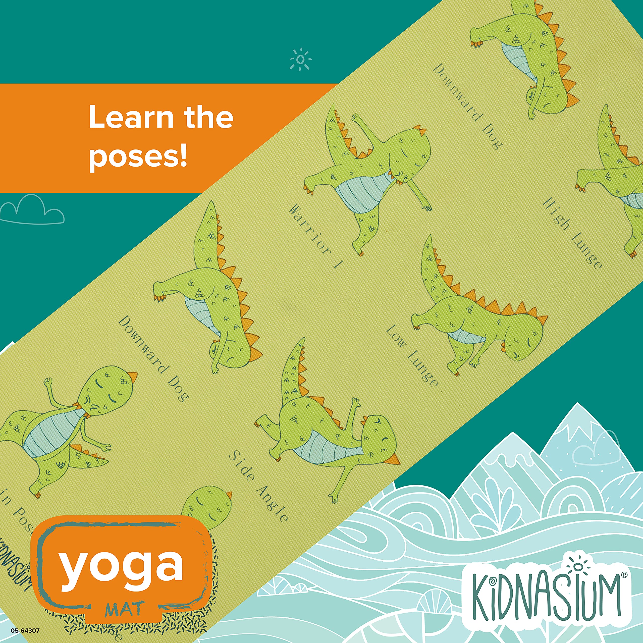 Kidnasium Kids Yoga Mat - 60” x 24”, Oriented 3mm Thick, Fun Prints Exercise Mats, Ideal for Babies, Toddlers and Children - Non Toxic Latex Sensitive - Dino Poses