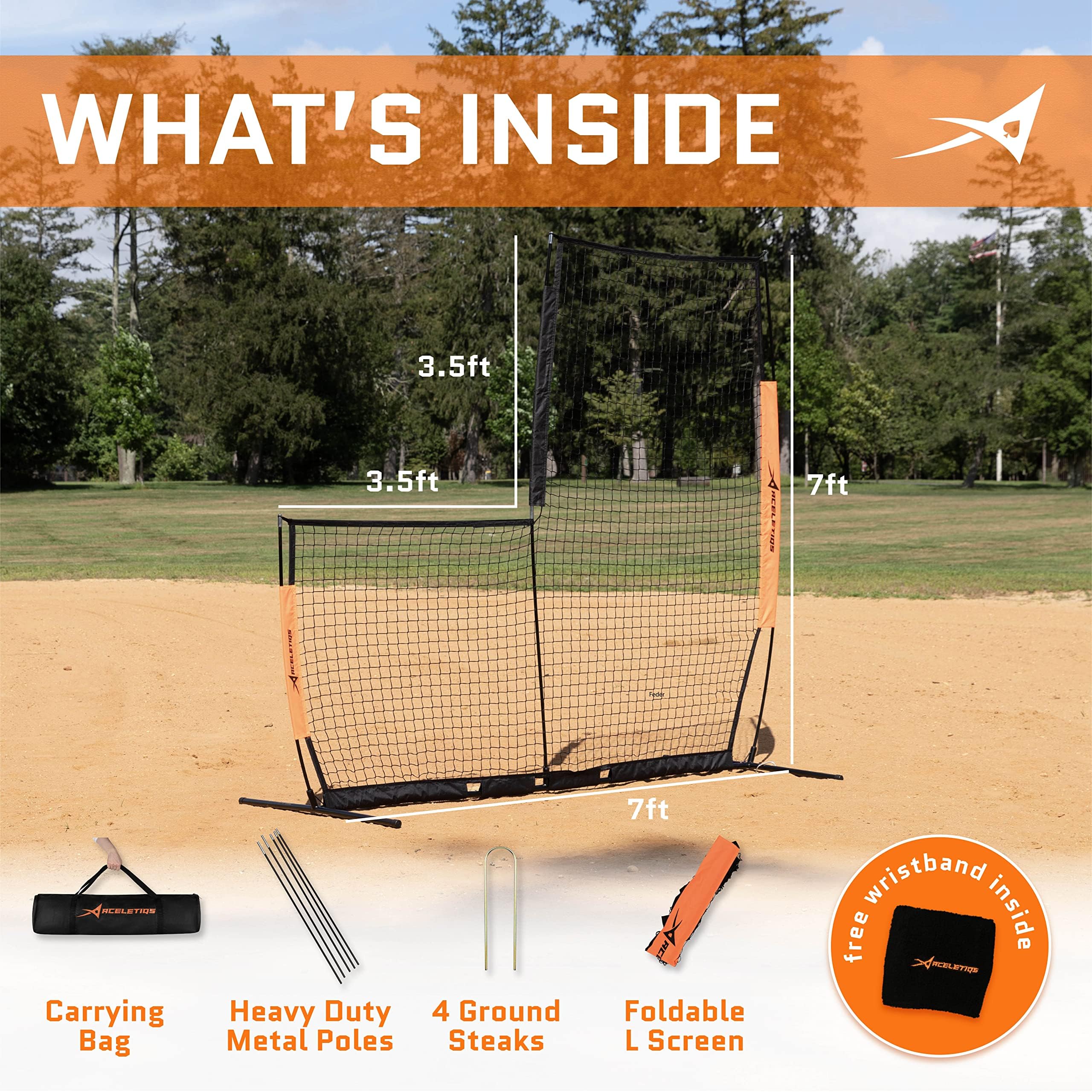 Aceletiqs Flexible L Screen Baseball Pitching Net 7x7ft Pitching Screen Protector with Metal Base, Fiberglass Poles, and Polyester Netting [Carry Bag Included]