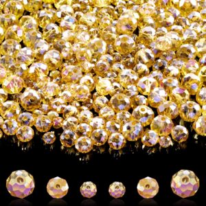 WILLBOND 600 Pcs Crystal Glass Beads for Jewelry Making Bulk Faceted Gemstone Rondelle Beads Loose Beads for Halloween Bracelet DIY Crafts 8 mm, 6 mm, 4 mm(Champagne Gold)