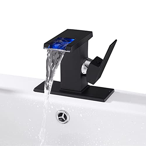 LOOPAN LED Light Bathroom Faucet Waterfall Black One Hole Single Handle Faucet for Bathroom Sink Mount Vanity Faucet Lead-Free for Commercial Residential