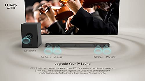 Hisense HS219 2.1ch Sound Bar with Wireless Subwoofer, 320W, Powered by Dolby Audio, One Remote Control, Roku TV Ready, Bluetooth, HDMI ARC/Optical/AUX/USB, 3 EQ Modes