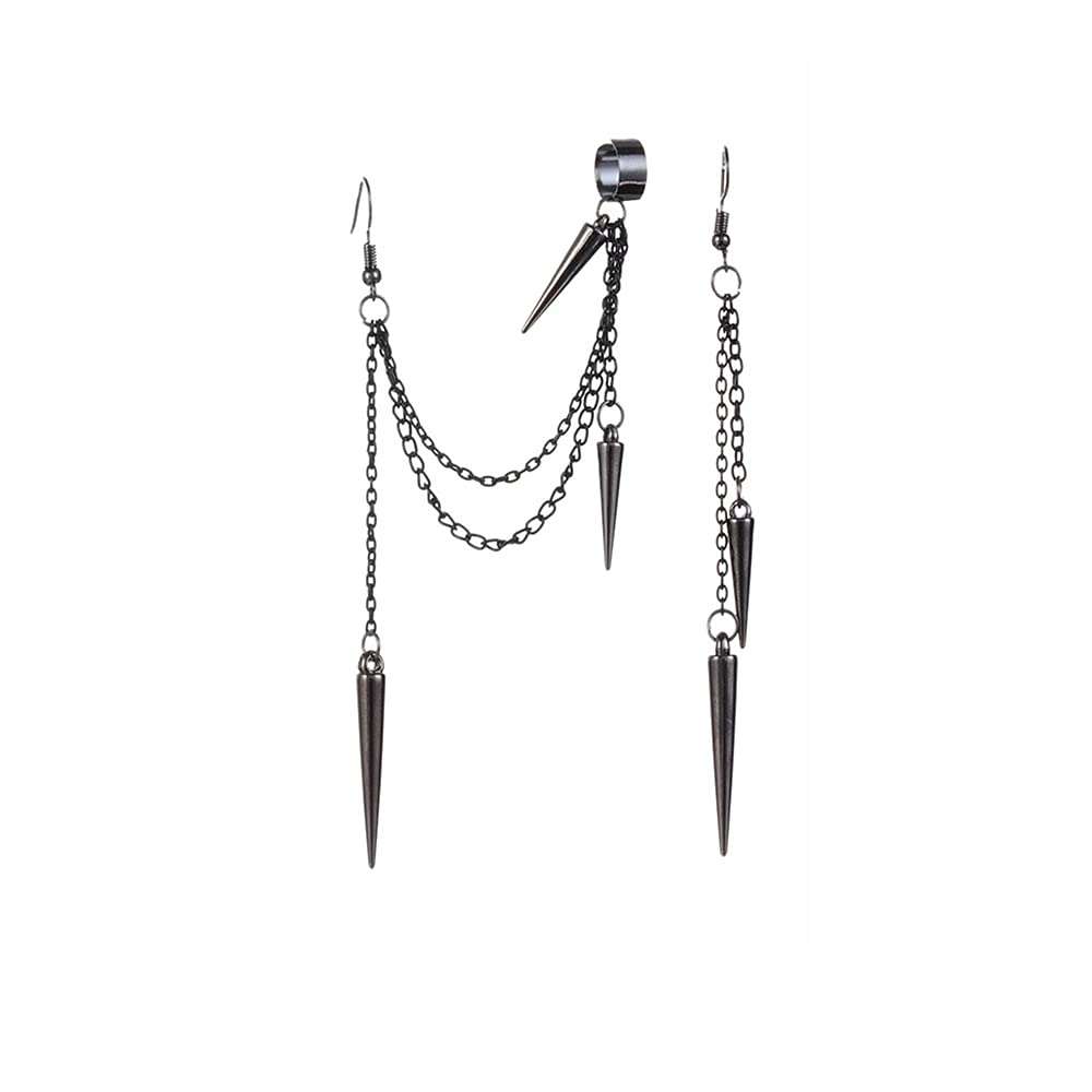 Black Spike Asymmetric Threader Drop Dangle Earrings for Women Men Teen Girls Boys Punk Personalized Cartilage No Pierced Cuff Long Chain Fish Hook Piercing Hanging Earrings for Boyfriend Daughter Son