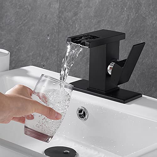 LOOPAN LED Light Bathroom Faucet Waterfall Black One Hole Single Handle Faucet for Bathroom Sink Mount Vanity Faucet Lead-Free for Commercial Residential