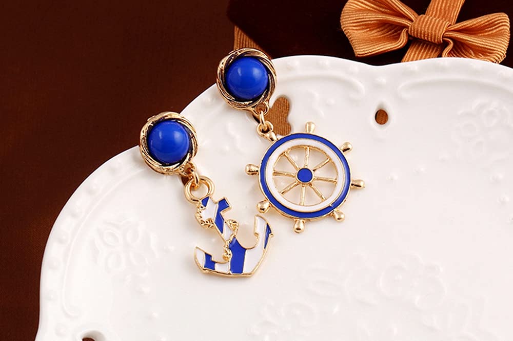 Vintage Anchor Sailor Earrings Jewelry for Women - Asymmetric Geometry Fashion Dangle Earrings (blue)