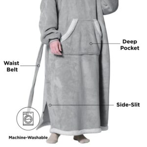 Bedsure Oversized Wearable Blanket Hoodie - Long Sherpa Fleece Hooded Blanket for Adult Women Men, Warm Cozy Big Blanket Sweatshirt with Giant Pocket and Belt, Winter Gifts for Men, Oversize, Grey