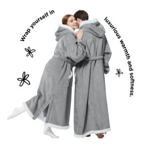 Bedsure Oversized Wearable Blanket Hoodie - Long Sherpa Fleece Hooded Blanket for Adult Women Men, Warm Cozy Big Blanket Sweatshirt with Giant Pocket and Belt, Winter Gifts for Men, Oversize, Grey