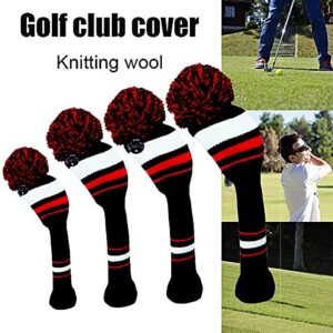 Golf Club Head Covers for Woods and Driver Fairway Hybrids Knit Set of 3 or 4 with Number Tag Pom Pom Clubs Headcovers for Men Women (4 Pack-Black&Red&White Stripes)