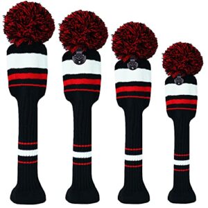 Golf Club Head Covers for Woods and Driver Fairway Hybrids Knit Set of 3 or 4 with Number Tag Pom Pom Clubs Headcovers for Men Women (4 Pack-Black&Red&White Stripes)