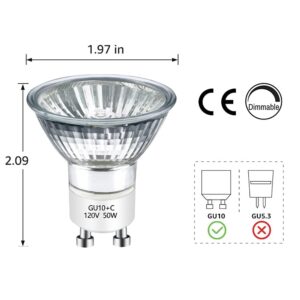 GU10 Halogen Bulb 120v 50w Halogen Light Bulbs, 2800k Warm White gu10 Dimmable for Track Light Bulbs Glass Cover for Range Hood Light Bulbs Pack of 6