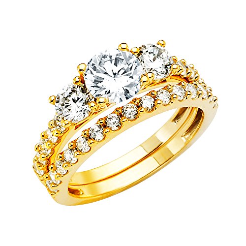 Wellingsale Ladies Solid 14k Yellow Gold Polished Round 4 Prong CZ Cubic Zirconia 3 Stone Engagement Ring + Wedding Band Bridal Set with Sidestones - Size 6.5