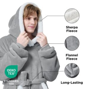 Bedsure Oversized Wearable Blanket Hoodie - Long Sherpa Fleece Hooded Blanket for Adult Women Men, Warm Cozy Big Blanket Sweatshirt with Giant Pocket and Belt, Winter Gifts for Men, Oversize, Grey