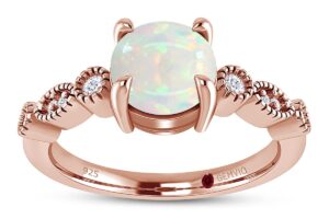 gemvio collection 3/5 ct 6mm round natural white opal gemstone & diamond vintage style ring,in 14k rose gold over sterling silver engagement wedding bridal ring(0.60 cttw)-7