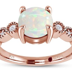 GEMVIO Collection 3/5 CT 6MM Round Natural White Opal Gemstone & Diamond Vintage Style Ring,in 14K Rose Gold Over Sterling Silver Engagement Wedding Bridal Ring(0.60 Cttw)-7