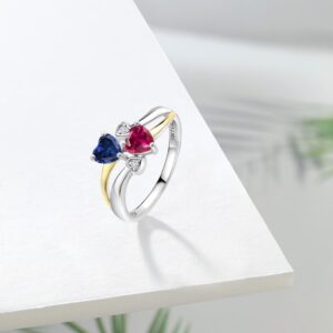 Gem Stone King 925 Silver and 10K Yellow Gold Blue Created Sapphire and Red Created Ruby and White Lab Grown Diamond Ring For Women (1.12 Cttw, September Birthstone, Heart Shape 5MM, Size 8)