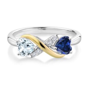 Gem Stone King 925 Silver and 10K Yellow Gold Sky Blue Aquamarine Blue Created Sapphire & Lab Grown Diamond Ring For Women | 0.96 Cttw | Gemstone Birthstone | Ring Size 5-9