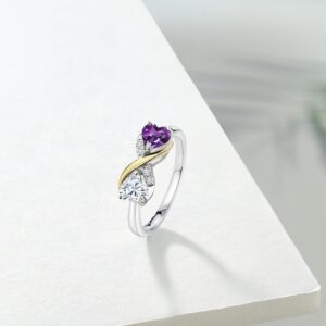 925 Silver and 10K Yellow Gold Purple Amethyst and Moissanite From Charles & Colvard Women Ring (0.96 Cttw, Heart Shape 5MM, Gemstone Birthstone, Available In Size 5, 6, 7, 8, 9)