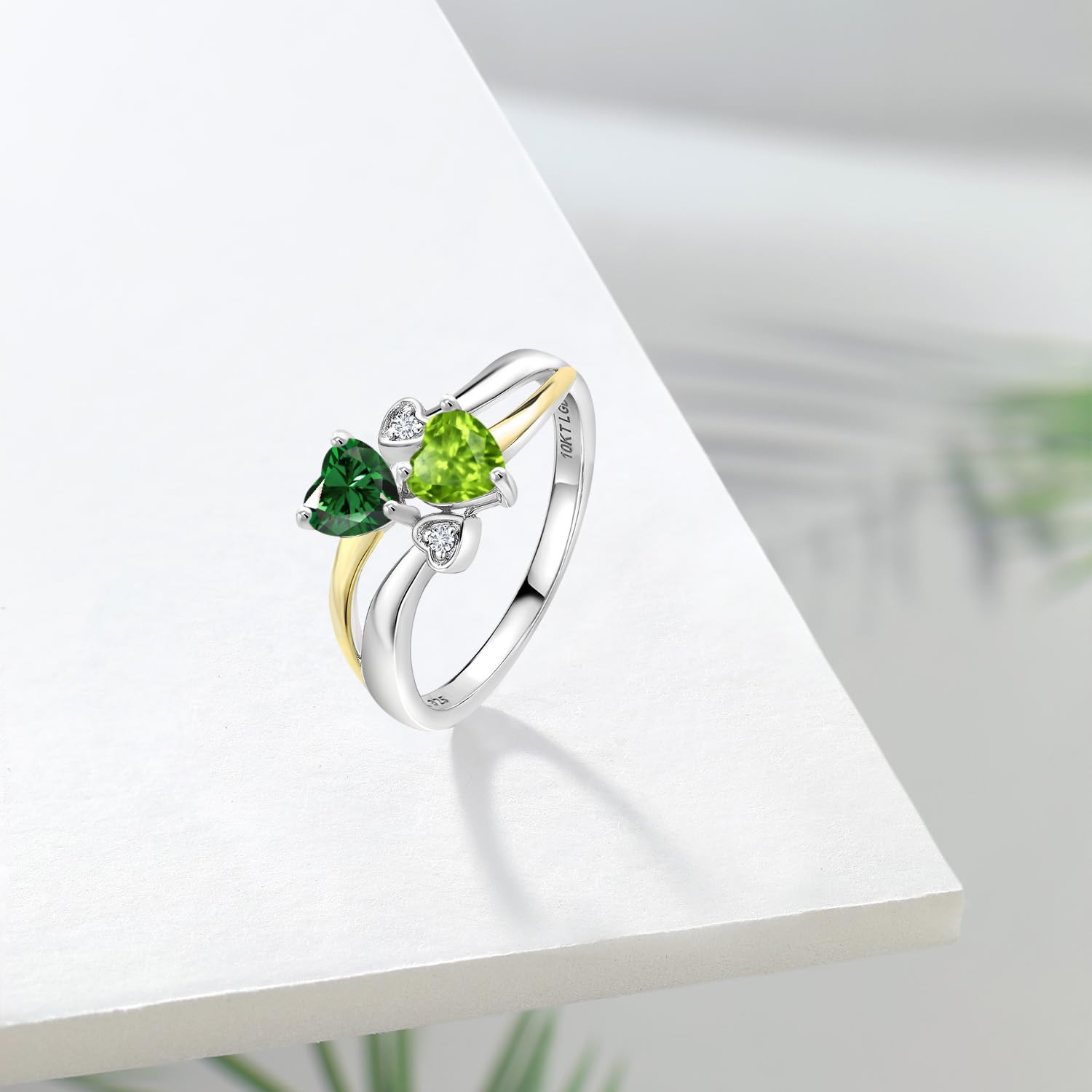 Gem Stone King 925 Silver and 10K Yellow Gold Green Nano Emerald and Green Peridot and White Lab Grown Diamond Ring For Women (1.02 Cttw, May Birthstone, Heart Shape 5MM, Size 8)