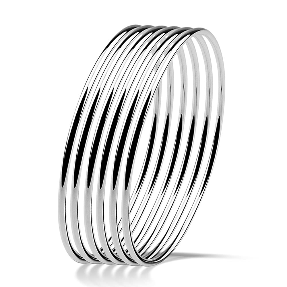 Meilanduo Solid 925 Sterling Silver 2MM Simple Plain Polished Round Circle Bangle Bracelets for Women (6x 60mm round circle bangle)