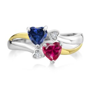 Gem Stone King 925 Silver and 10K Yellow Gold Blue Created Sapphire and Red Created Ruby and White Lab Grown Diamond Ring For Women (1.12 Cttw, September Birthstone, Heart Shape 5MM, Size 8)