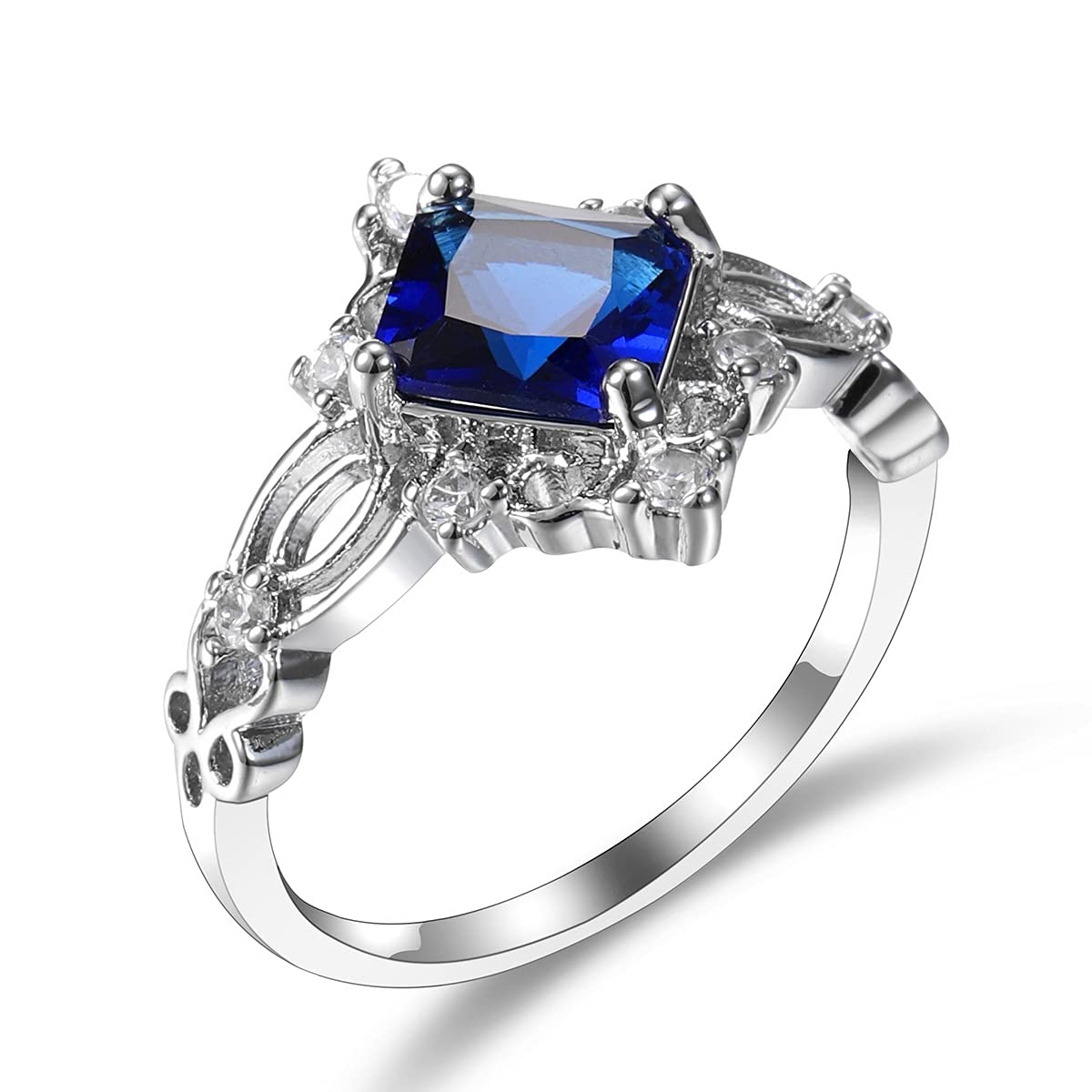 GUIDECUN Princess Cut Women's Created Blue Sapphire Rings Birthstone Solitaire Engagement Ring Filigree Zircon Wedding Ring (US Size 8)