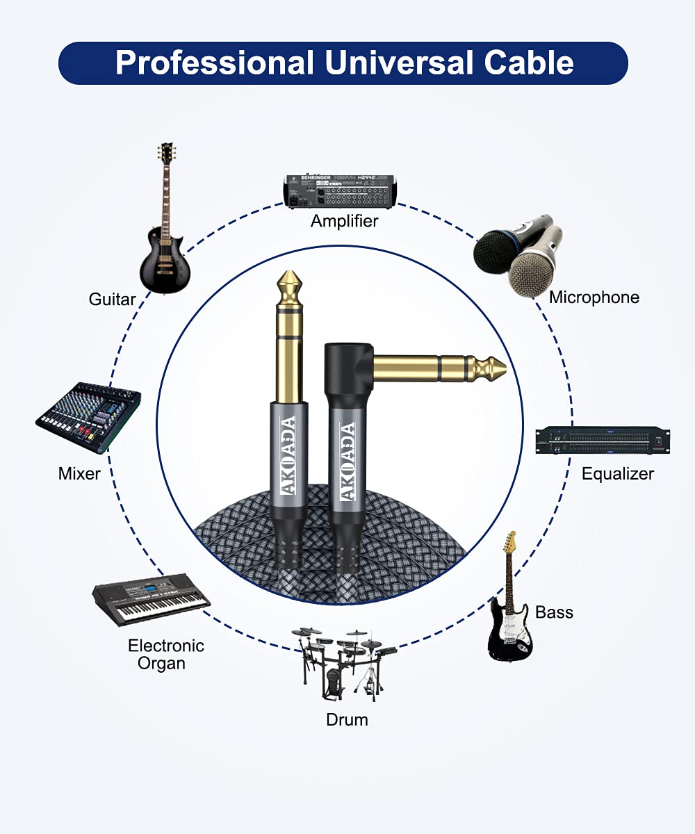 AkoaDa 1/4 Inch TRS Instrument Cable (10ft 2Pack), Right Angle 6.35mm Male Jack Stereo Audio Interconnect Cord,Compatible for Bass,Keyboard,Mixer,Amplifier,Amp,Electric Guitar,Speaker