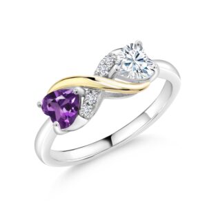 925 silver and 10k yellow gold purple amethyst and moissanite from charles & colvard women ring (0.96 cttw, heart shape 5mm, gemstone birthstone, available in size 5, 6, 7, 8, 9)