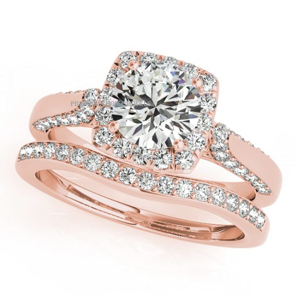 PB Collection Halo 2-Pc Bridal Set Cubic Zirconia Engagement Wedding Ring Band in 14K Rose Gold Over 12